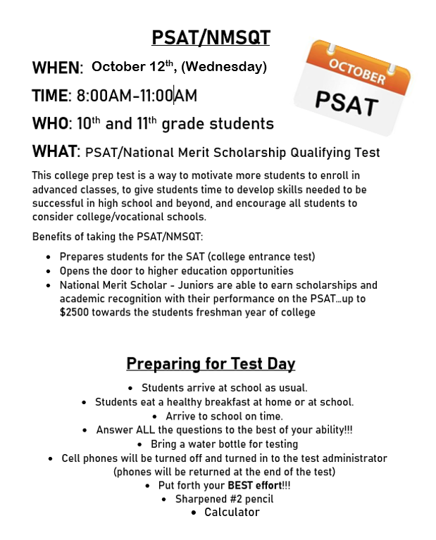 PSAT/NMSQT October 12th, Wednesday, 10th & 11th grade